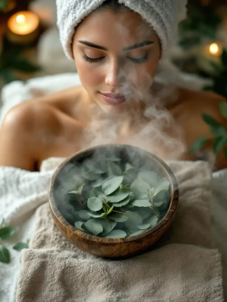 Entspannendes Wellnessritual mit Kräuterschale und Dampf